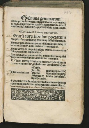 Gemma gemmarum : quia per insertionem multorum vocabulorum em. est ... ; nota add. ... Erarii aurei libellus poetarum ...