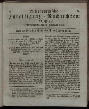 VI. Stück. Sonnabends den 8. Februar 1800.