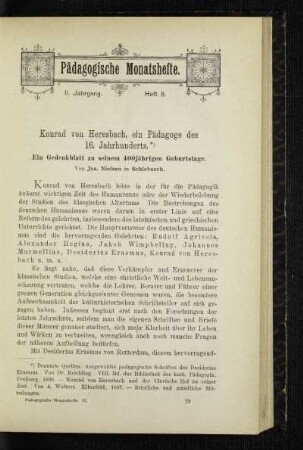 Konrad von Heresbach, ein Pädagoge des 16. Jahrhunderts : ein Gedenkblatt zu seinem 400jährigen Geburtstage