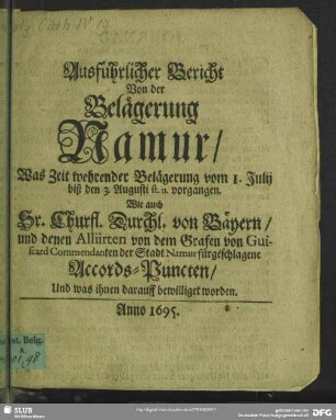 Ausführlicher Bericht von der Belagerung Namur