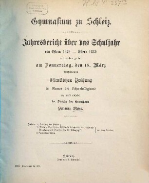 Jahresbericht : über das Schuljahr von Ostern ... bis Ostern ... 1879/80