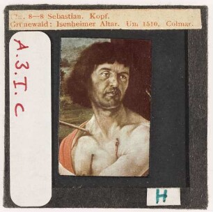 Grünewald: Isenheimer Altar, Sebastian, Detail: Kopf (Erste Farb-Kleinbilddias am Seminar, 1943 angekauft)