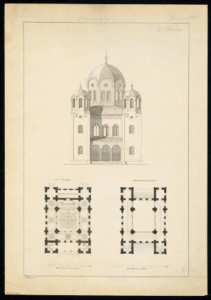 Synagoge Monatskonkurrenz Januar 1848: Grundriss Erdgeschoss, Emporengeschoss, Aufriss Straßenansicht; 2 Maßstabsleisten