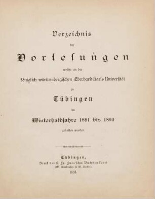 Vorlesungsverzeichnis 1891/92