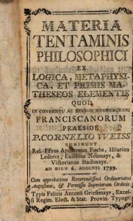 Materia tentaminis philosophici ex logica, metaphysica, et primis matheseos elementis