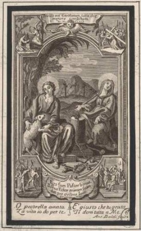 Devotionsbild mit dem guten Hirten, der Schmerzensmutter und den Arma Christi