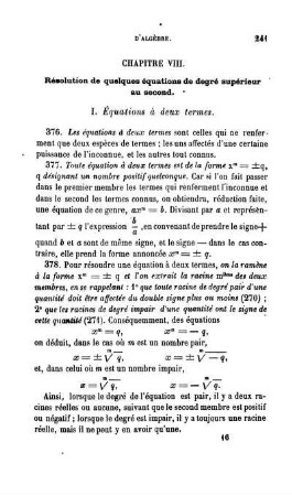 Chapitre VIII. Résolution de quelques équations de degré supérieur au second.