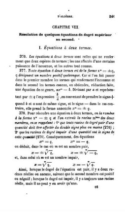 Chapitre VIII. Résolution de quelques équations de degré supérieur au second.