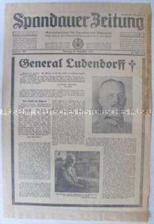 Tageszeitung "Spandauer Zeitung" zum Tod von General a.D. Ludendorff