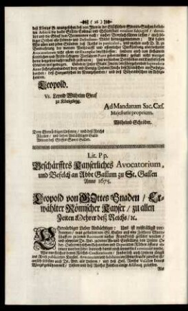 Lit Pp. Beschärfftes Kayserliches Avocatorium, und Befelch an Abbt Gallum zu St. Gallen Anno 1675.