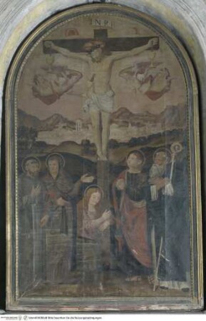 Christus am Kreuz als Fons Pietatis mit den Heiligen Franziskus und Antonius Abbas(?)