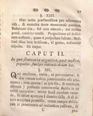Caput II. In quo sententia negativa, quae nostra, proponitur, simulque contrariis obviam itur.