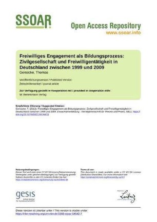Freiwilliges Engagement als Bildungsprozess: Zivilgesellschaft und Freiwilligentätigkeit in Deutschland zwischen 1999 und 2009