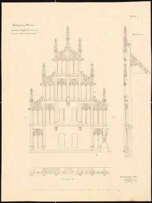 Rathaus, Breslau Umbau: Teil-Aufriss der Westfassade und Grundriss und Schnitt des Giebels, Maßstabsleiste