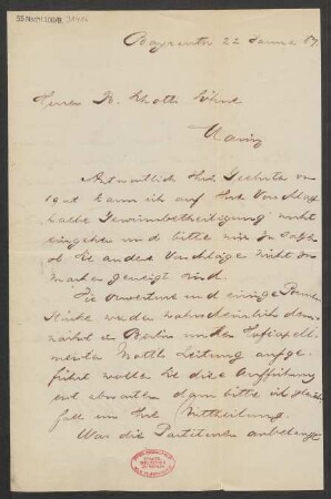Brief an B. Schott's Söhne : 22.01.1887