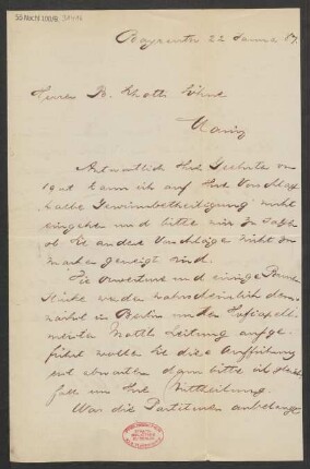 Brief an B. Schott's Söhne : 22.01.1887