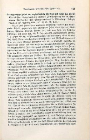 641-642 [Rezension] Dunkmann, Karl, Der historische Jesus, der mythologische Christus und Jesus der Christ