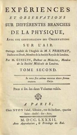 Expériences et observations sur différentes branches de la physique : avec une continuation des observations sur l'air, 2