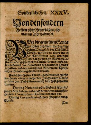 Von den sondern Festen oder Feyertagen/ so man im Jahr halten sol.