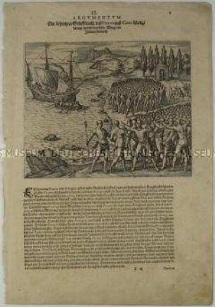 Ein beherzter Schiffsknecht des Pizarro aus Kreta dringt mitten durch die Menge der Indianer hindurch - Illustration aus de Bry, Große und Kleine Reisen (Peru II/2)