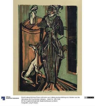 Dame mit Hund. aus: Katalog der Ausstellung von Kleidern aus der Stickstube von Frau Eucken in Bremen