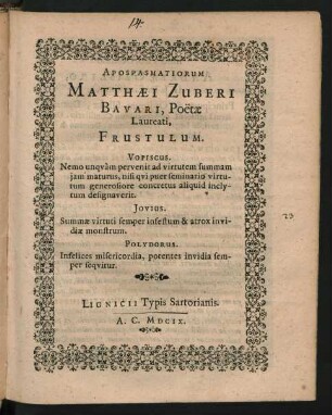 Apospasmatiorum Matthaei Zuberi Bavari, Poëtae Laureati, Frustulum