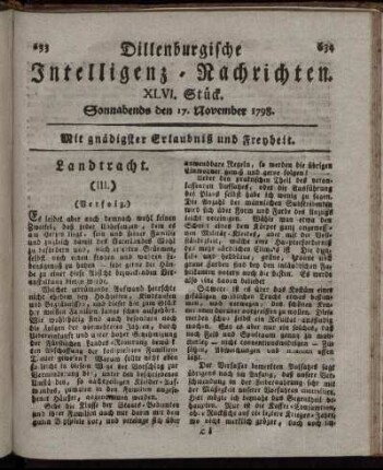 XLVI. Stück. Sonnabends den 17. November 1798.