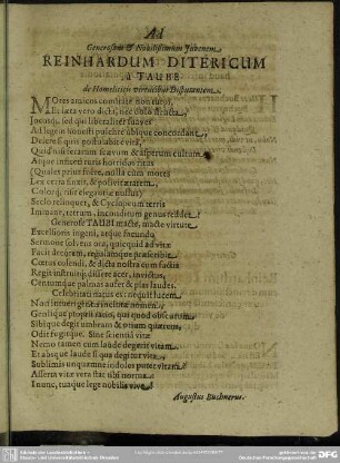 Ad Generosum & Nobilissimum Juvenem Reinhardum Ditericum a Taube