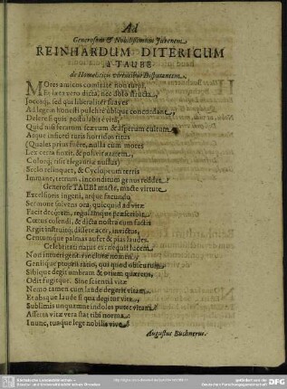 Ad Generosum & Nobilissimum Juvenem Reinhardum Ditericum a Taube