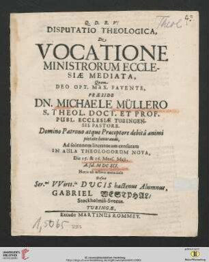 Disputatio Theologica, De Vocatione Ministrorum Ecclesiae Mediata