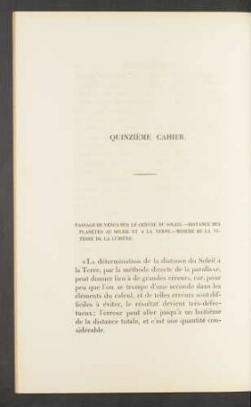 Quinzième cahier. Passage de Vénus sur le centre du soleil [...]