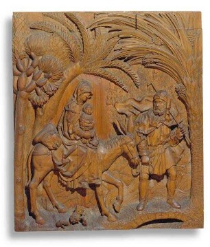 Acht Reliefs eines Retabels aus dem ehemaligen Kloster Mönchröden mit Darstellungen aus dem Marienleben: Die Flucht nach Ägypten nach Albrecht Dürer und Martin Schongauer