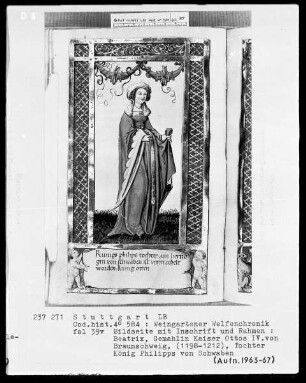 Welfenchronik — Beatrix von Schwaben, Gemahlin Kaiser Ottos 4. (1198-1212), Folio 39verso