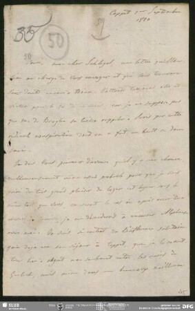 Eigenh. Brief von Auguste Louis de Staël-Holstein an August Wilhelm von Schlegel, Coppet, 01.09.1820