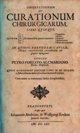 Observationum Et Curationum Chirurgicarum, Libri Qvinqve : Qvorvm I. De tumoribus praeter naturam Sanguineis. II. De tumoribus praeter naturam Biliosis. III. De tumoribus praeter naturam Pituitosis. IV. De tumoribus praeter naturam Melancholicis. V. De tumoribus praeter naturam Mixtis seu compositis. In Qvibvs Eorvndem Cavssae, Signa, Prognoses Accvrate Et graphice depinguntur