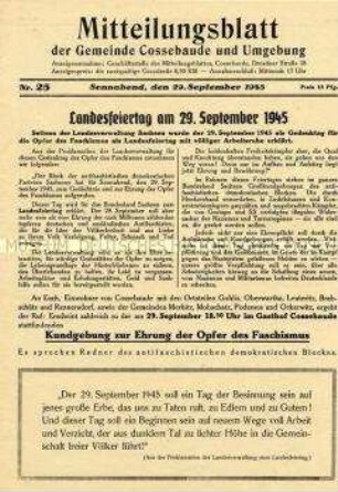 Kommunales Mitteilungsblatt u.a. zum Gedenktag für die Opfer des Faschismus, zur Lebensmittelbewirtschaftung sowie mit privaten und gewerblichen Anzeigen