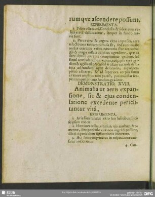 Demonstratio XVIII. Animalia ut aeris expansione, sic & eius condensatione excedente periclitantur vita