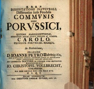 Dissertatione Inavgvrali, Differentias iuris Feudalis Commvnis atque Porvssici