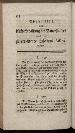 Vierter Theil von Aufrechthaltung des Bauerstandes durch eine zu errichtende Schadens-Assecurantz.