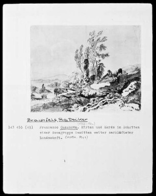 Hirten und Herde im Schatten einer Baumgruppe inmitten weiter zerklüfteter Landschaft, Folio recto