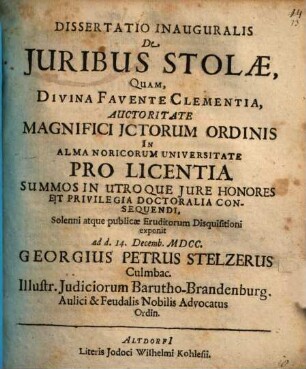 Dissertatio inauguralis de iuribus stolae