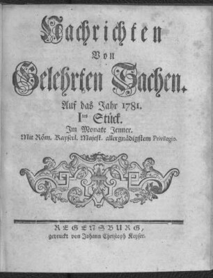 1781: Wöchentliche Nachrichten von gelehrten Sachen auf das Jahr 1781