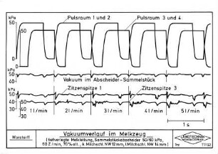 Vakuumverlauf im Melkzeug (tiefverlegte Melkleitung, Sammelstückabscheider 50/60 kPa, 60 Z/min, 70 % alt., k. Milchschl. NW 12 mm, l. Milchschl. NW 14 mm)