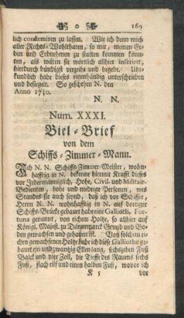 Num. XXXI. Biel-Brief von dem Schiffs-Zimmer-Mann