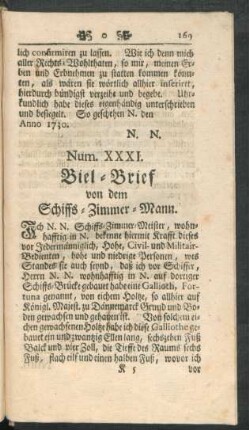 Num. XXXI. Biel-Brief von dem Schiffs-Zimmer-Mann