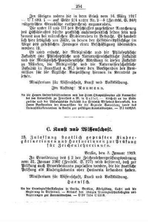 Zulassung staatlich geprüfter Kindergärtnerinnen und Hortnerinnen zur Prüfung für Zeichenlehrerinnen : [C. Kunst und Wissenschaft]