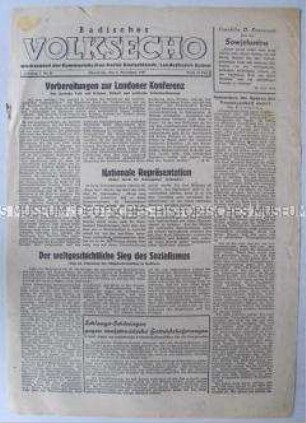 Wochenzeitung der KPD Baden "Badisches Volksecho" u.a. zu den Vorbereitungen auf die Londoner Außenministerkonferenz der Alliierten Großmächte