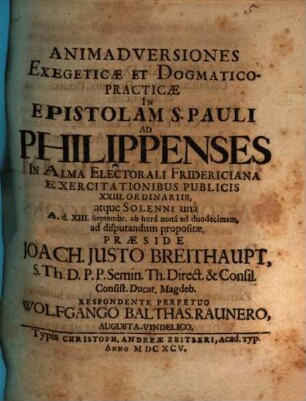 Animadversiones exegeticae et dogmatico-practicae in epistolam S. Pauli ad Philippenses