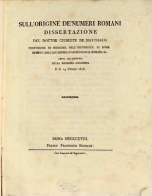 Sull'origine de'numeri Romani dissertazione : Mit einer Kupfertafel