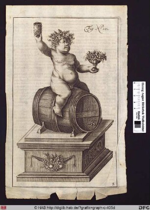 Bacchus auf einem Weinfass sitzend mit Becher und Früchten.